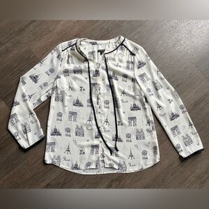 Talbots White and Black Paris Print Blouse